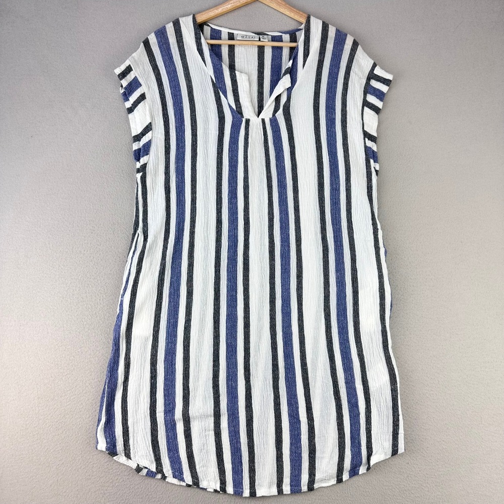 Masai Striped Tunic Dress Women XL Blue White Linen Blend V-Neck Pockets Casual